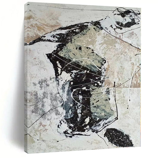 “Black, White, and Beige Abstract Web”，Line - Driven Abstract Painting CT0369