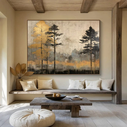 “Golden Forest Mist” - Gray, beige, gold; tall tree silhouettes in a hazy forest CT1575