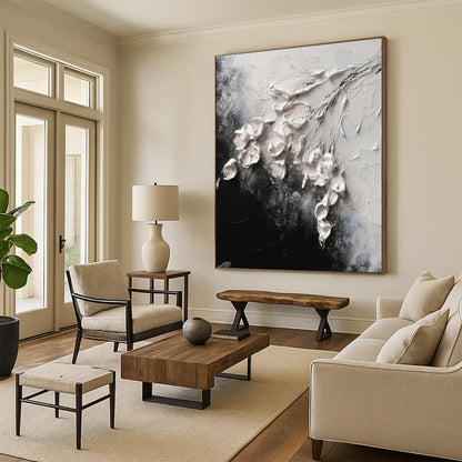 “3D White Flowers on Black”，Abstract Impasto Oil Painting CT0580
