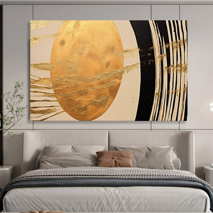 “Golden Orb & Stripes” – Abstract Minimalist Acrylic Painting CT1712