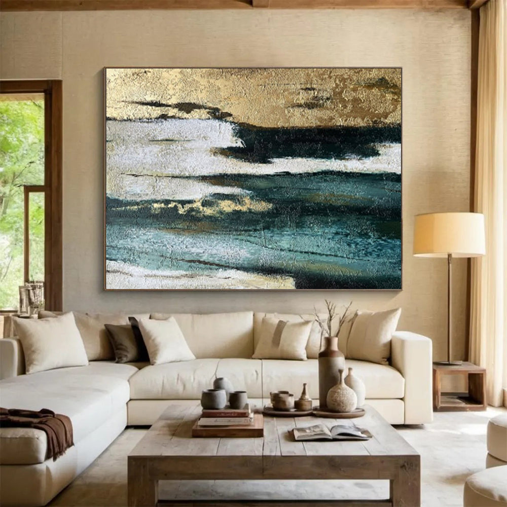 “Gold - Teal Textured Layers” - Teals, golds, whites; layered, textured abstraction with metallic highlights CT1633