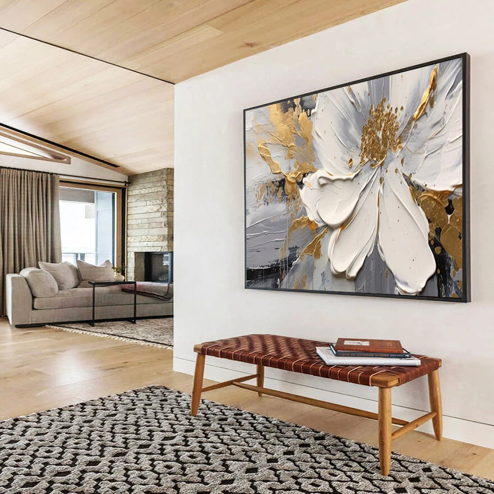 “Gilded Floral Elegance” – Whites, grays, golds in thick, textured flower petals CT1703