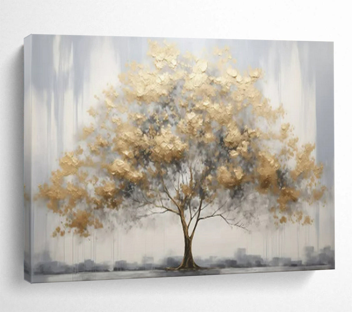 “Urban Gold Tree” - Golds, grays; textured tree with a cityscape backdrop CT1621
