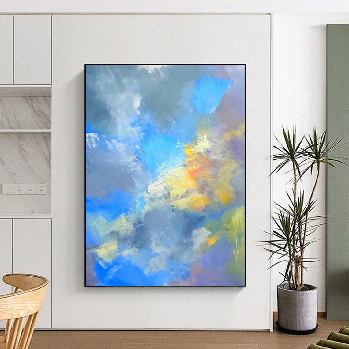 “Blue - Yellow - Gray Abstract Clouds” Impressionistic Acrylic Art CT0223
