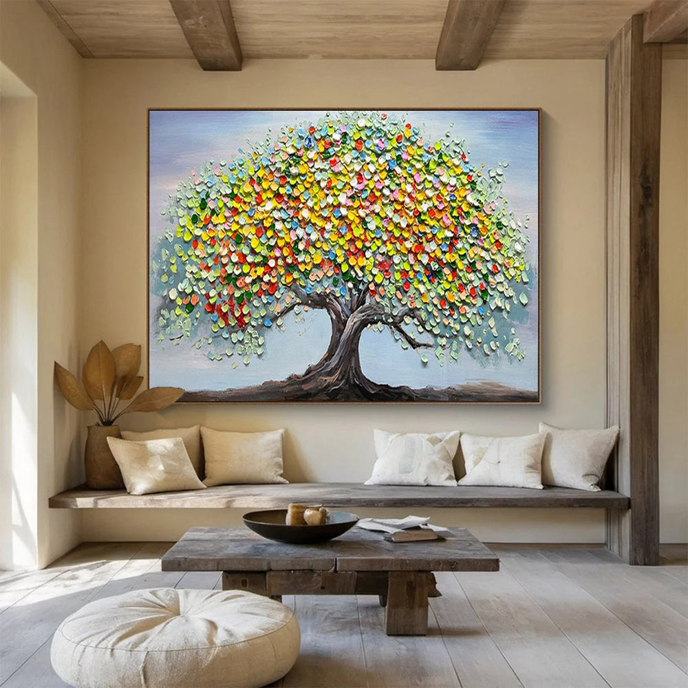“Colorful Tree of Life” - A tree with a dark trunk and a canopy made of colorful, textured circles; set against a light blue sky CT1537