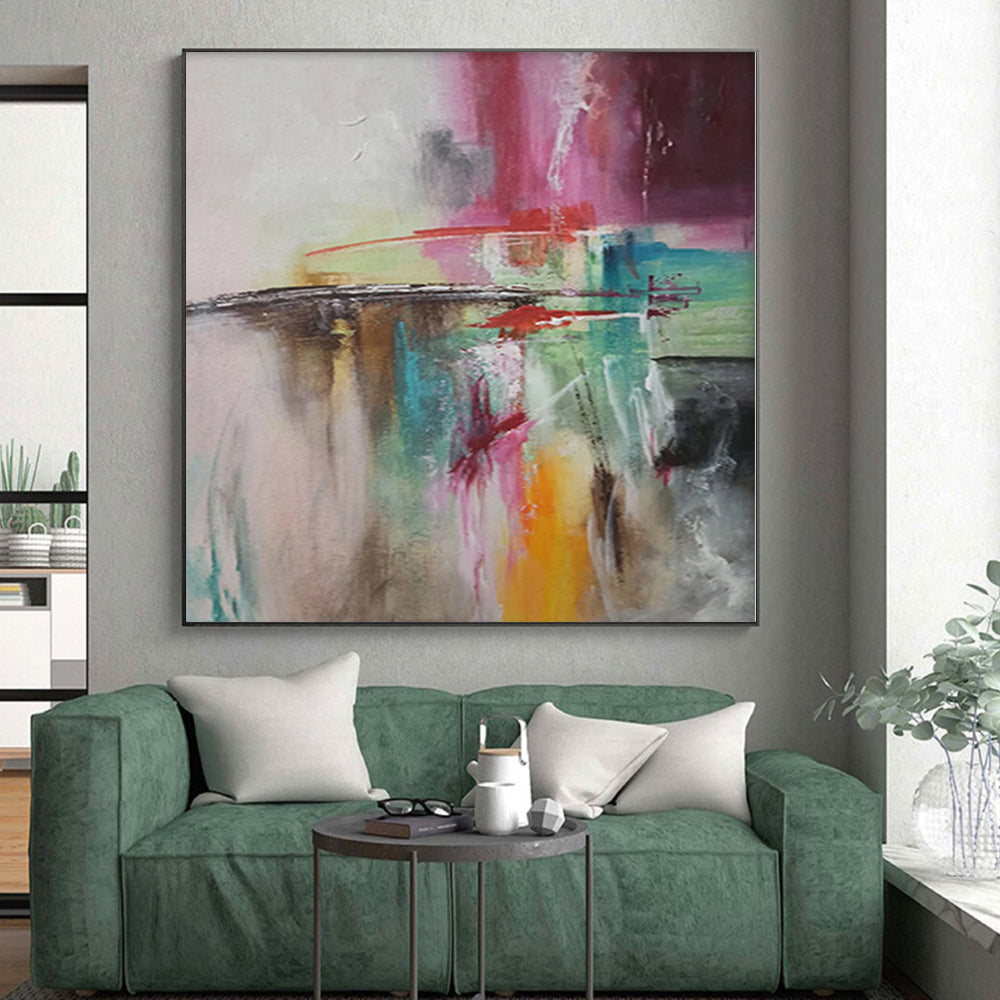 “Color Collision” - Abstract Painting with Pink, Red, Green, Blue, Gray CT0056