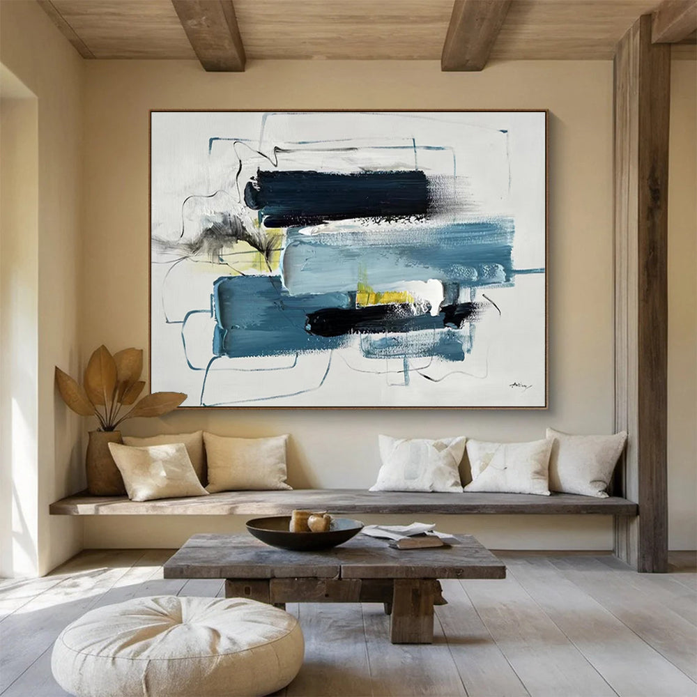 “Blue - Black Abstract Mix” - Blue, black, white, yellow; abstract shapes and lines CT1561