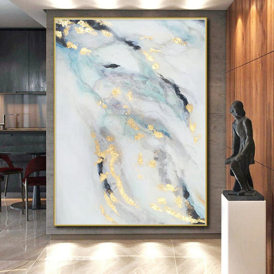“Gold - Blue - Gray Flowing Abstraction” - Abstract Expressionist Art CT0428