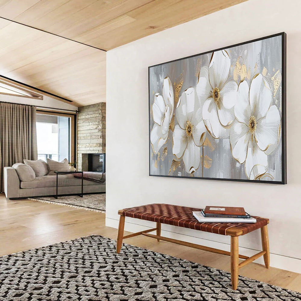 “Hand - painted White Flowers with Gold” - White flowers and gold accents on gray CT1653
