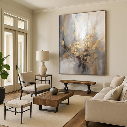 “Grey - Gold Abstract Burst”，Abstract Textural Acrylic Art CT0540