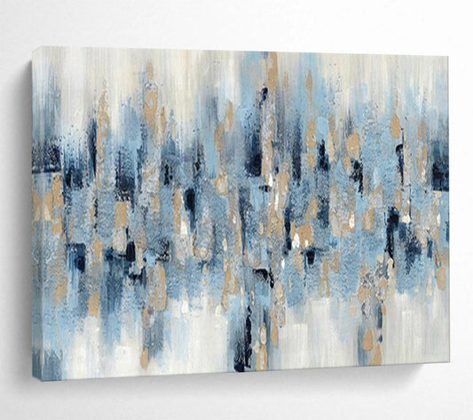 “Blue - Gold Rhythm” - Blues, whites, metallic gold; scattered, rhythmic abstract shapes CT1519