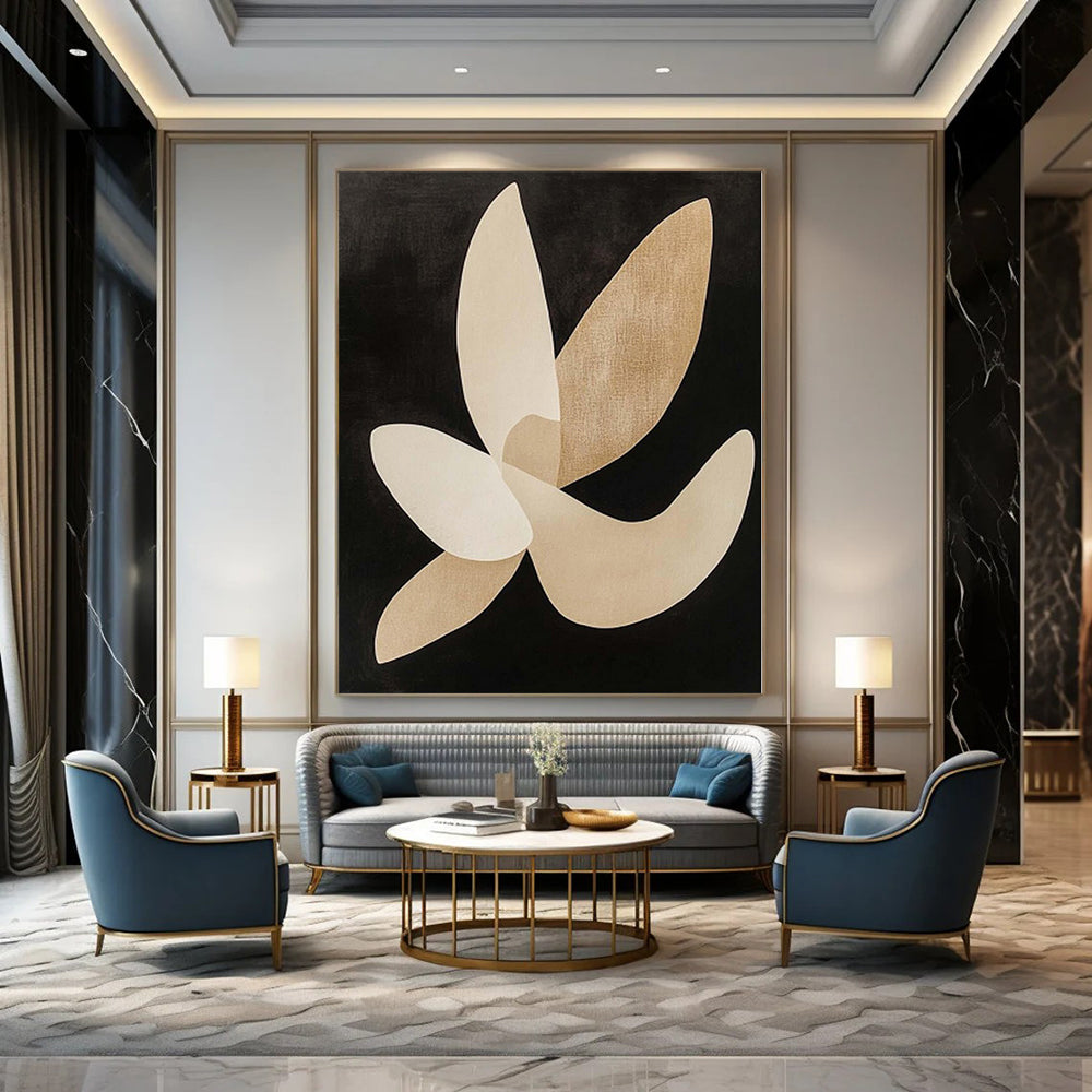 “Beige - Black Elegant Petals” Abstract Acrylic Painting CT0138