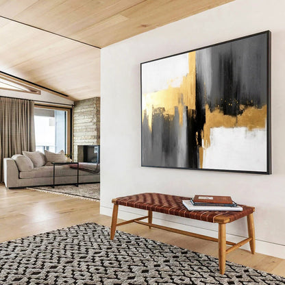 “Hand - painted Gold - Accented Abstraction” - Minimalist abstract with gold, gray, and white CT1648