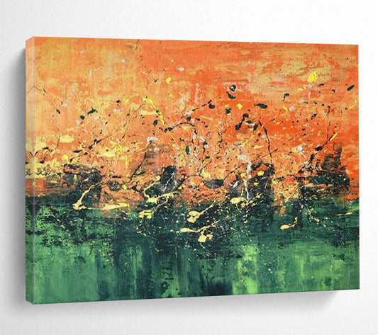 “Sunset Splash Symphony” - Oranges, greens, yellows, blacks; chaotic, colorful splatters CT1603