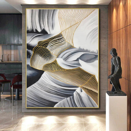 “Black - White - Gold Wavy Nets”，Mixed - Media Abstract Painting CT0351