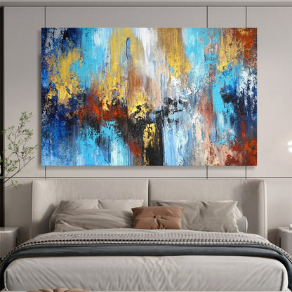 “Blue - Gold Urban Impasto” - Blues, golds, reds; vibrant, textured cityscape abstraction CT1606