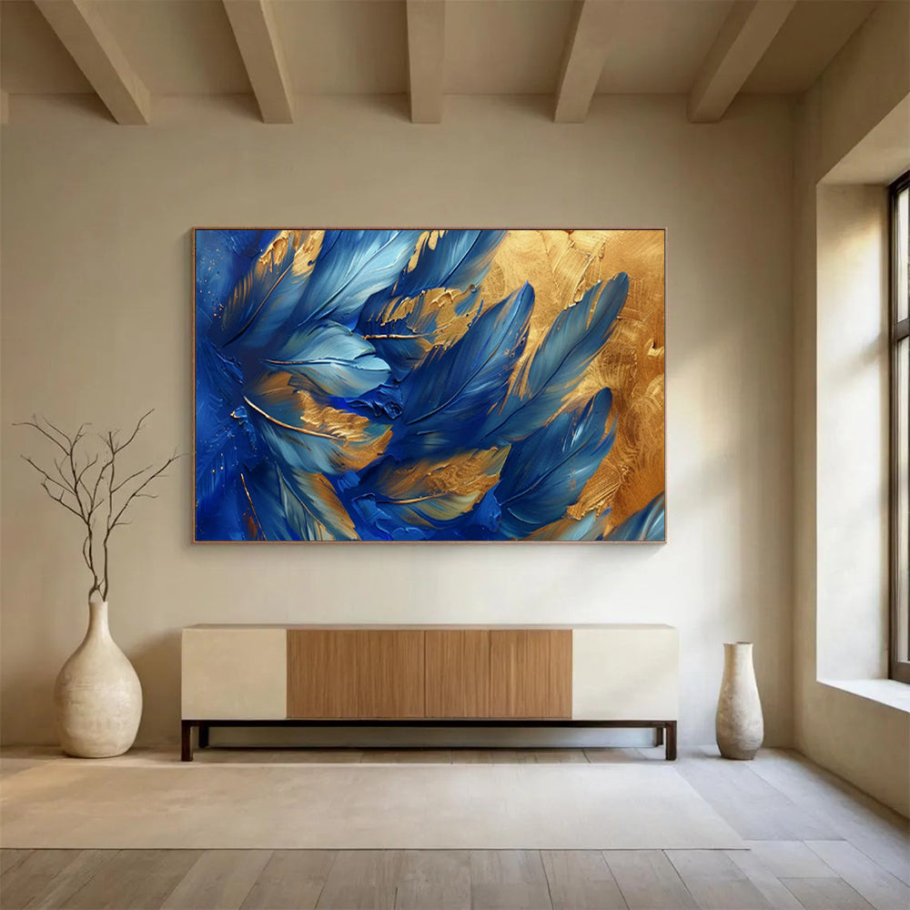 “Blue Feathers with Gold Accents” – Nature - Inspired Acrylic Painting CT1708