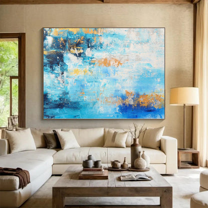 “Azure Gold Streaks” - Abstract Art with Blue, White, Gold Accents CT0015