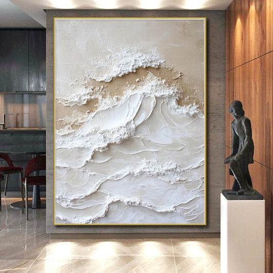 “Textured Beige - White Waves” - Abstract Coastal Art CT0444