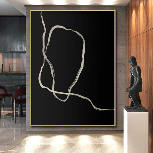 “Organic White Lines on Black” Abstract Acrylic Art CT0336
