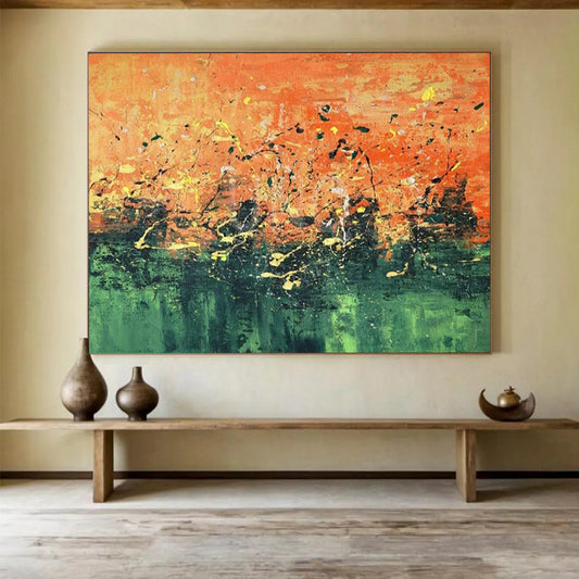 “Sunset Splash Symphony” - Oranges, greens, yellows, blacks; chaotic, colorful splatters CT1603