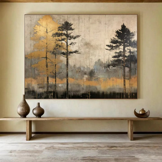 “Golden Forest Mist” - Gray, beige, gold; tall tree silhouettes in a hazy forest CT1575