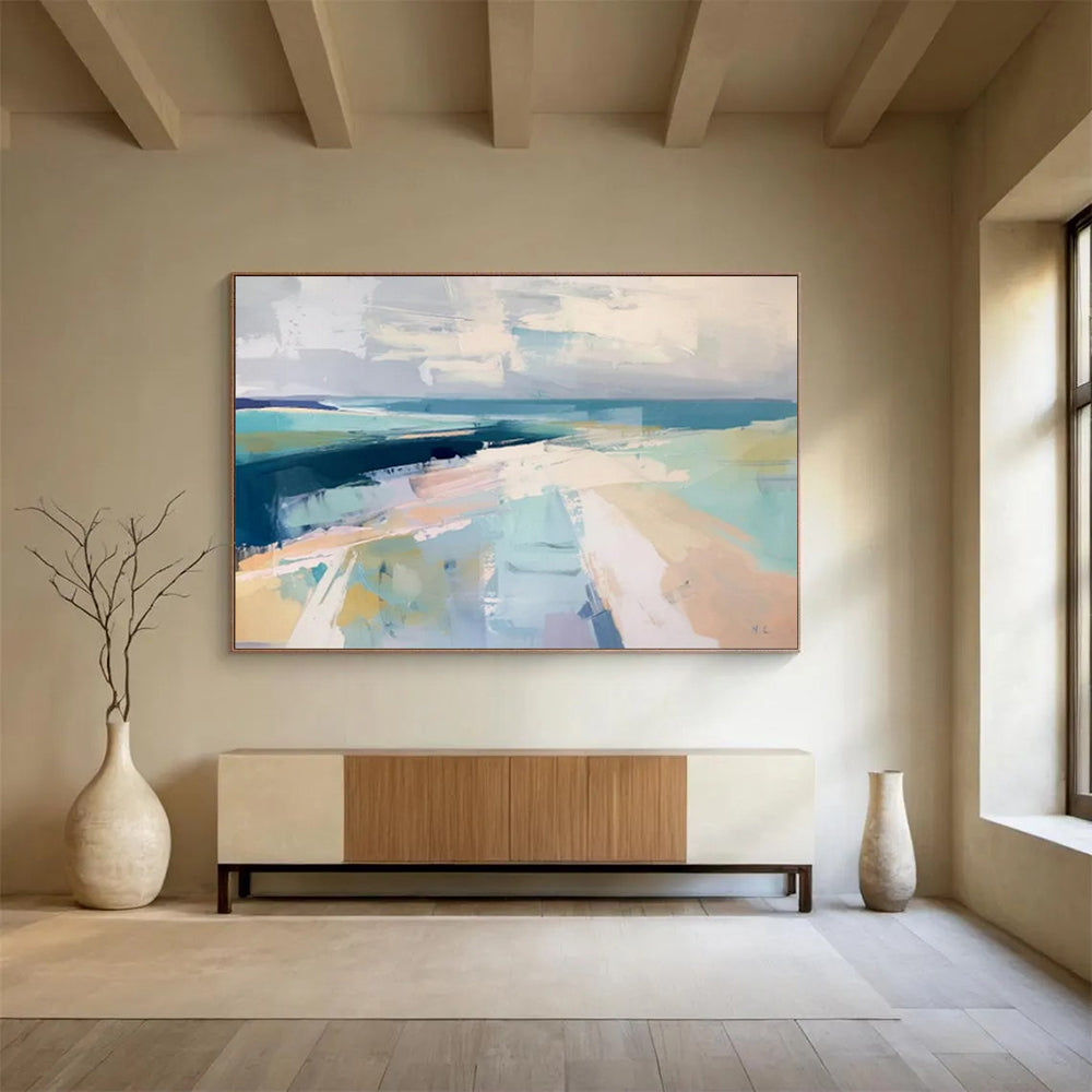 “Cool Coastal Abstract” - Shades of blue, gray, and white; abstract shapes evoking a coastal landscape CT1543