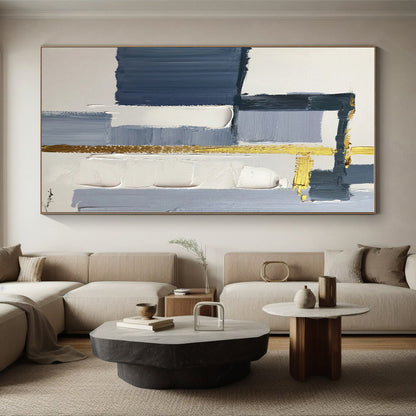 “Grey - Blue Geometry with Gold Accents”，Abstract Geometric Oil Painting CT0514