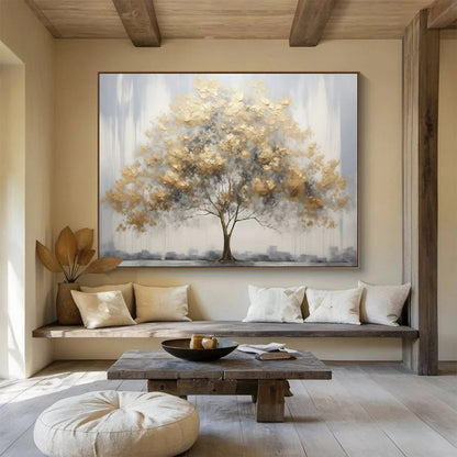 “Urban Gold Tree” - Golds, grays; textured tree with a cityscape backdrop CT1621