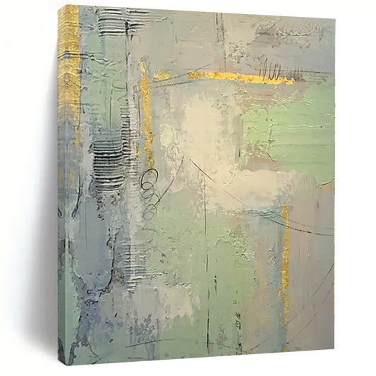 “Grey - Green Abstract with Gold Details”，Textured Abstract Painting CT0374