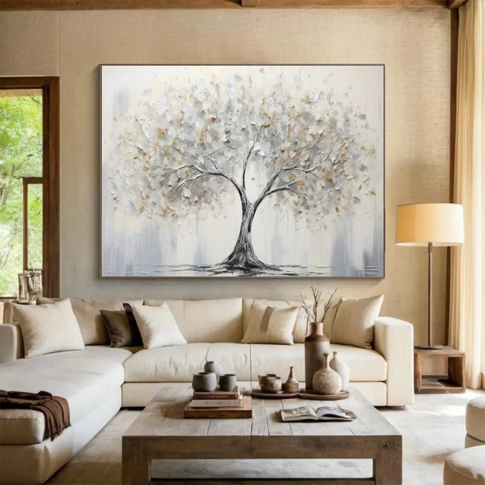 “Silver - Gold Tree of Serenity” - Silvers, whites, golds; textured, minimalist tree CT1619