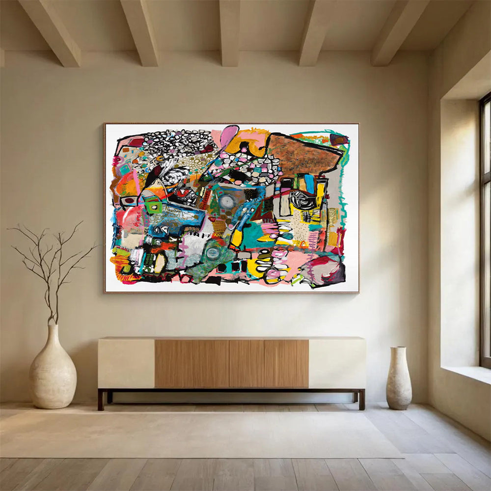Colorful, complex abstract composition with various shapes and patterns CT1656