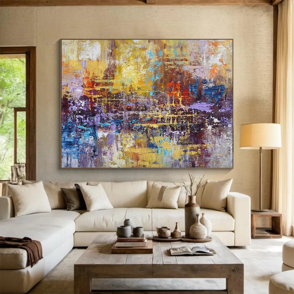 “Golden - Purple Fusion” - Yellows, purples, blues, oranges; layered, chaotic yet harmonious abstract scene CT1516