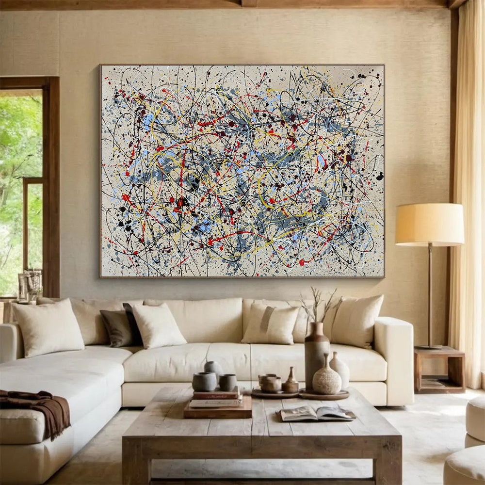 “Colorful Dripping Cacophony” - Black, white, yellow, red, blue; vibrant chaotic drips CT1589