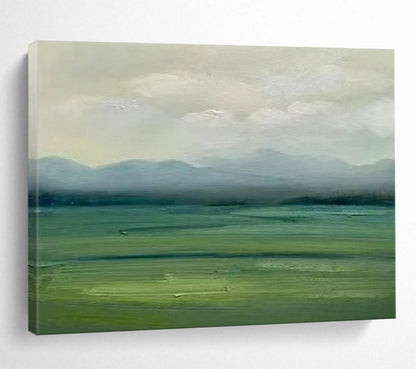 Misty Green Field & Distant Mountains - Landscape Oil Painting CT1785