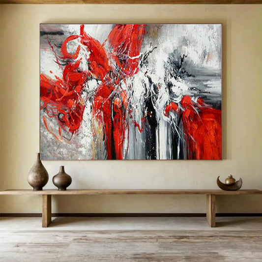 “Scarlet Rhapsody” - Red, white, gray; dynamic, swirling red forms against muted background CT1485