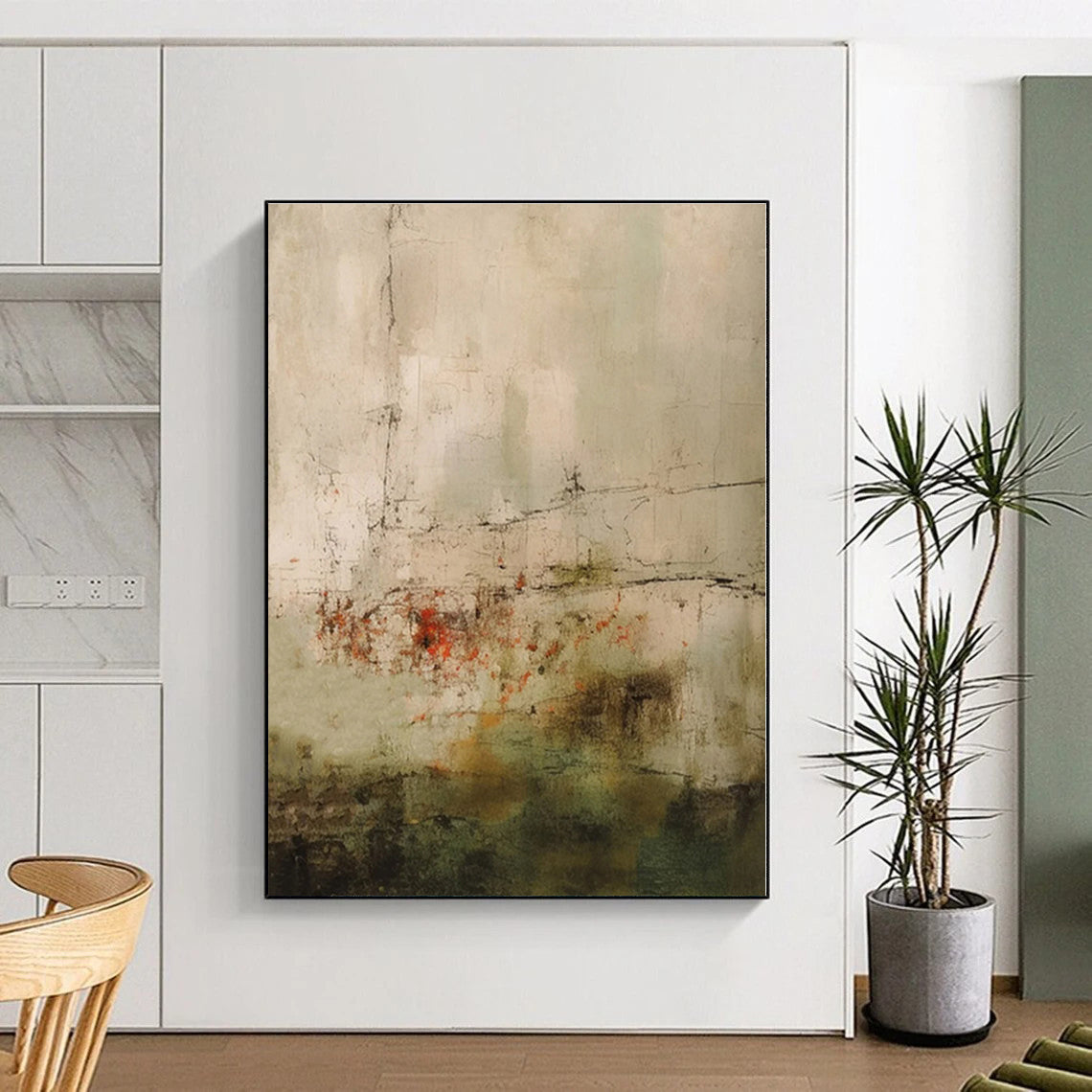 “Earthy Tones with Red Accents”，Abstract Textured Oil Painting CT0574
