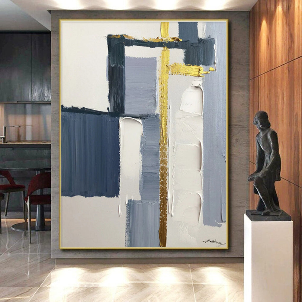 “Grey - Blue Geometry with Gold Accents”，Abstract Geometric Oil Painting CT0514