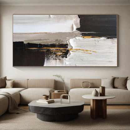 “Black - White - Gold Textured Abstraction” - Abstract Expressionist Art CT0489