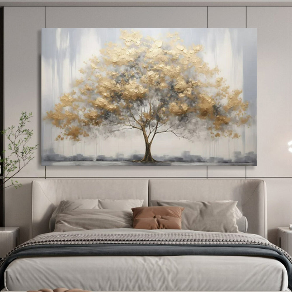 “Urban Gold Tree” - Golds, grays; textured tree with a cityscape backdrop CT1621