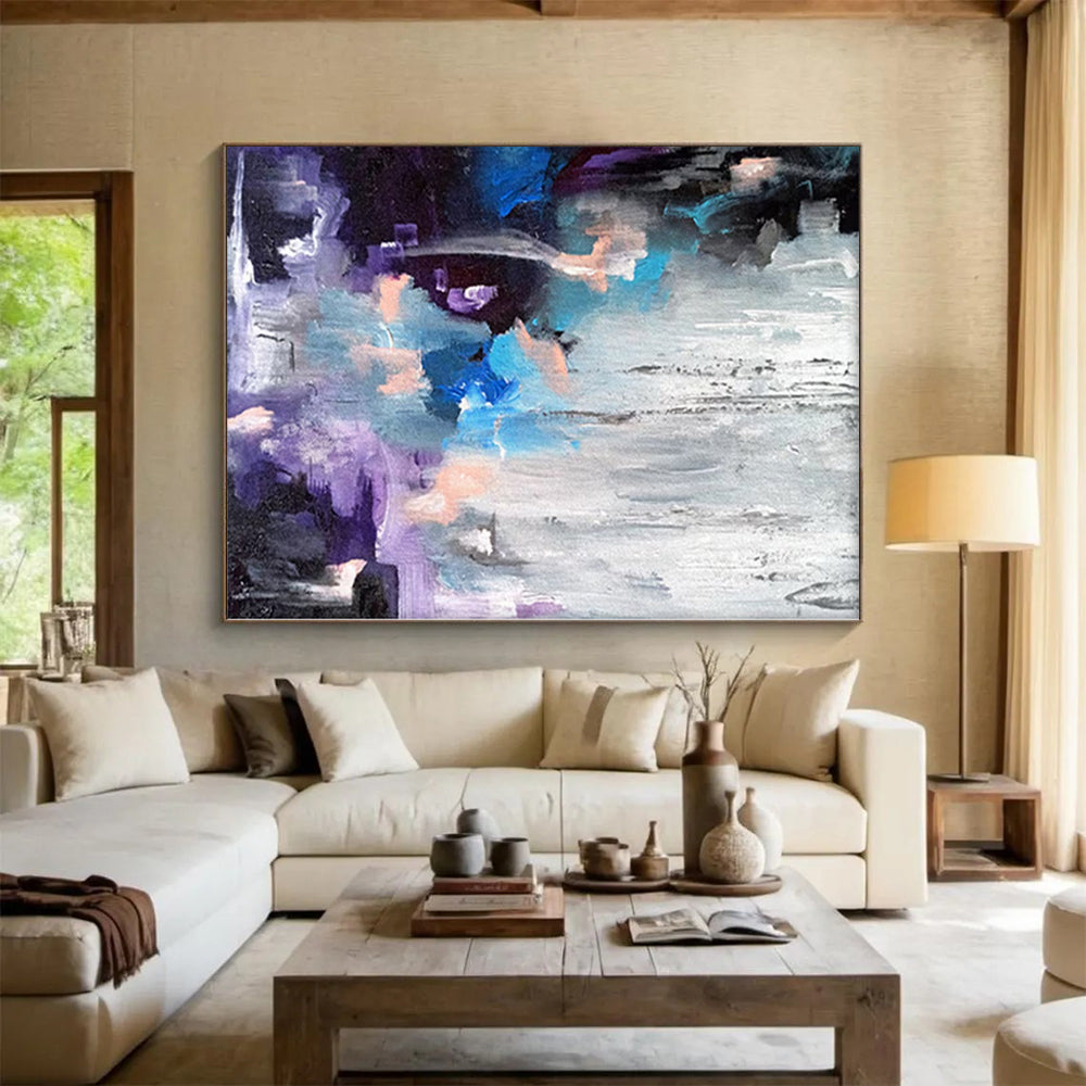 “Colorful Cascade” - Abstract Painting with Blue, Purple, Orange, Gray CT0069
