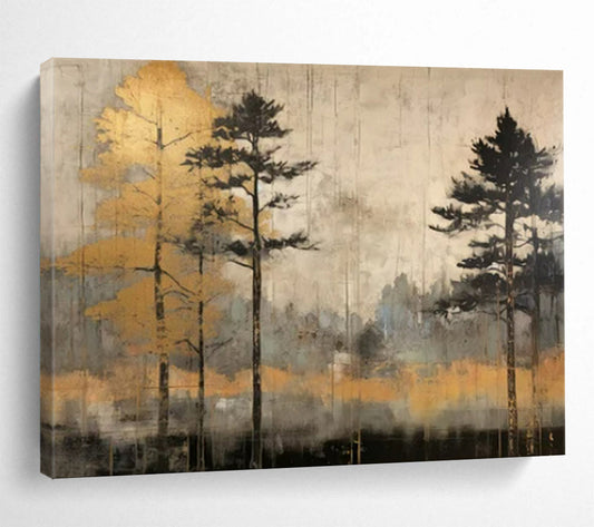 “Golden Forest Mist” - Gray, beige, gold; tall tree silhouettes in a hazy forest CT1575
