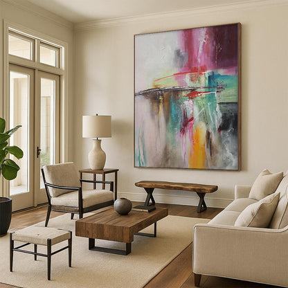 “Color Collision” - Abstract Painting with Pink, Red, Green, Blue, Gray CT0056