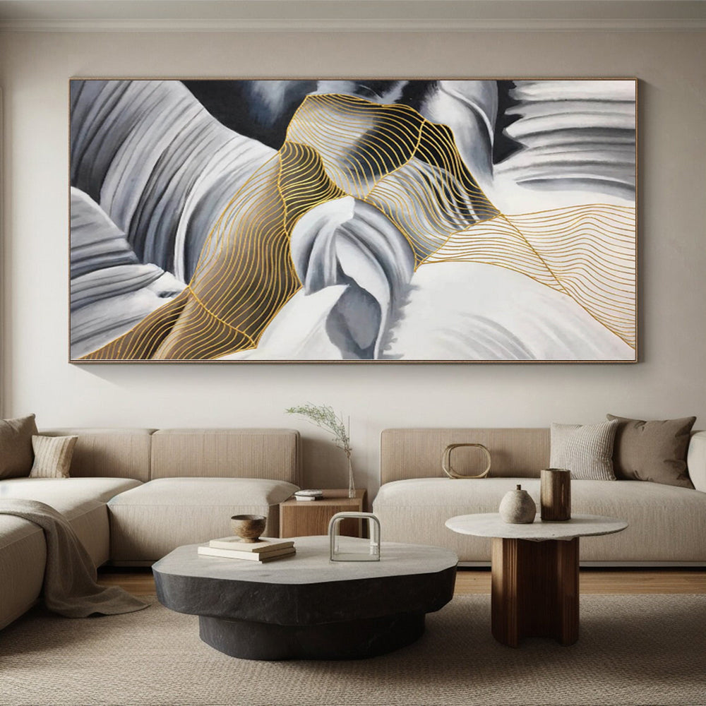 “Black - White - Gold Wavy Nets”，Mixed - Media Abstract Painting CT0351