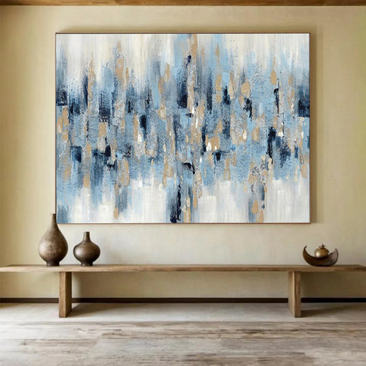 “Blue - Gold Rhythm” - Blues, whites, metallic gold; scattered, rhythmic abstract shapes CT1519