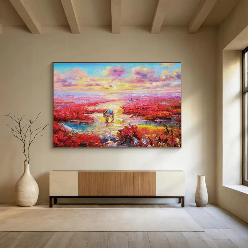 Pink Wetlands at Sunset with Boats - Romantic Oil Landscape CT1799