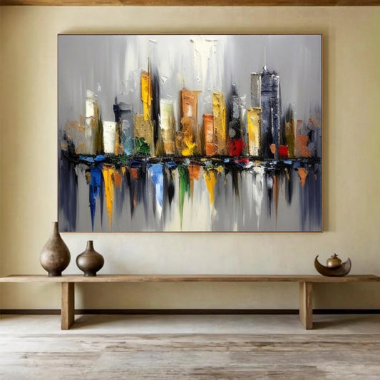 “Hand - painted City Skyline” - Textured cityscape with reflective elements in various colors CT1647