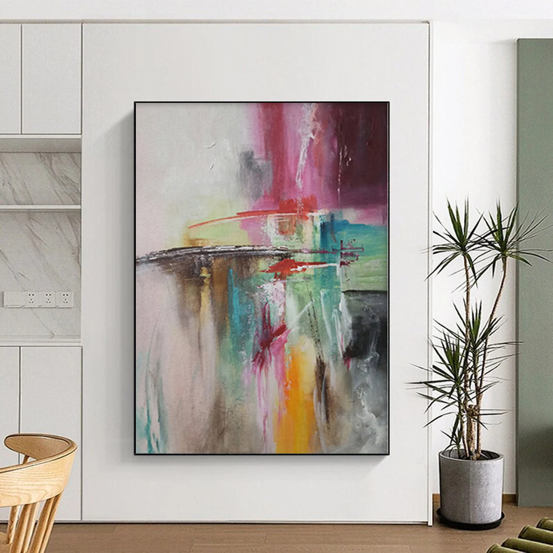 “Color Collision” - Abstract Painting with Pink, Red, Green, Blue, Gray CT0056