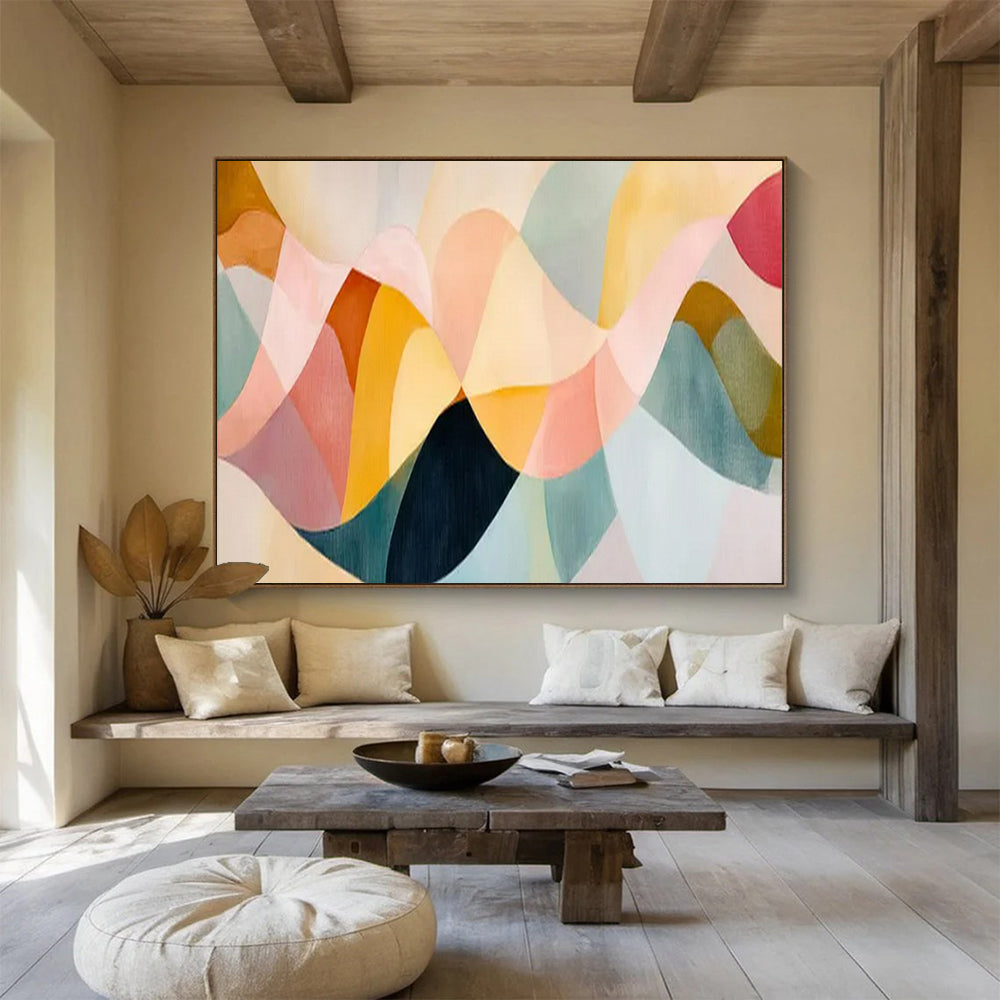 “Pastel Wave Harmony” – Blush, peach, teal, mustard in overlapping, wavy acrylic shapes CT1694