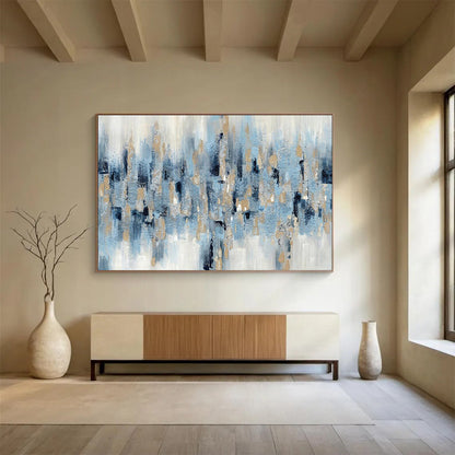“Blue - Gold Rhythm” - Blues, whites, metallic gold; scattered, rhythmic abstract shapes CT1519
